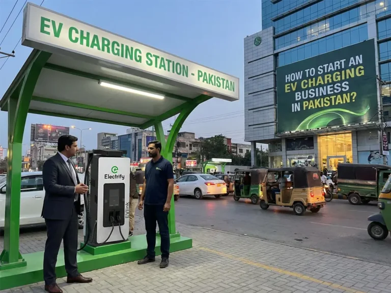 Two men stand beside a new EV charging station in urban Pakistan, set against a large advertisement highlighting "EV Charging Business" opportunities.