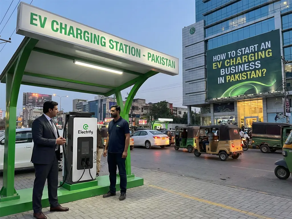Two men stand beside a new EV charging station in urban Pakistan, set against a large advertisement highlighting "EV Charging Business" opportunities.