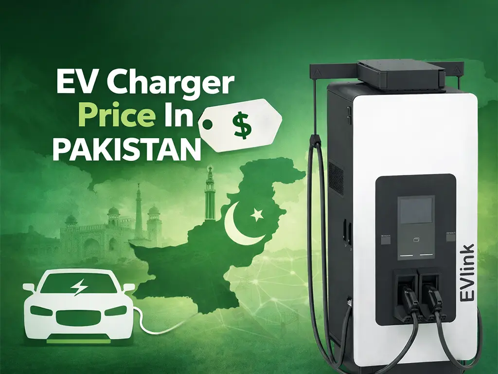 EV charger price in Pakistan illustrated with a commercial EV charging station, Pakistan map background, and electric vehicle charging concept.