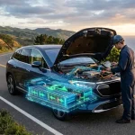 Technician diagnosing an electric vehicle's battery management system, visualized as a glowing, transparent overlay, on a scenic coastal road near wind turbines.