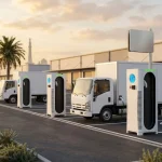 EV fleet charging infrastructure in action as white electric delivery trucks charge at modern charging stations in a sunny parking lot, with palm trees and a distant mosque minaret in the background.