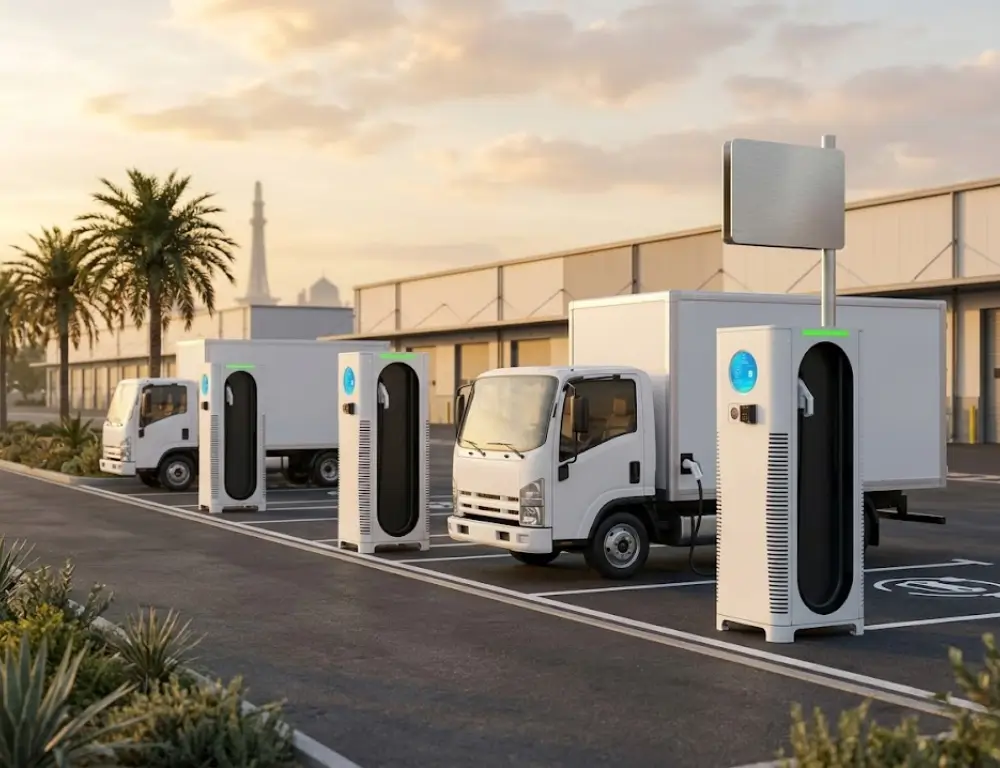 EV fleet charging infrastructure in action as white electric delivery trucks charge at modern charging stations in a sunny parking lot, with palm trees and a distant mosque minaret in the background.