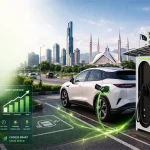 A white electric vehicle at an Islamabad charging station with the Faisal Mosque skyline, featuring an infographic overlay of the current EV tariff rate comparison.