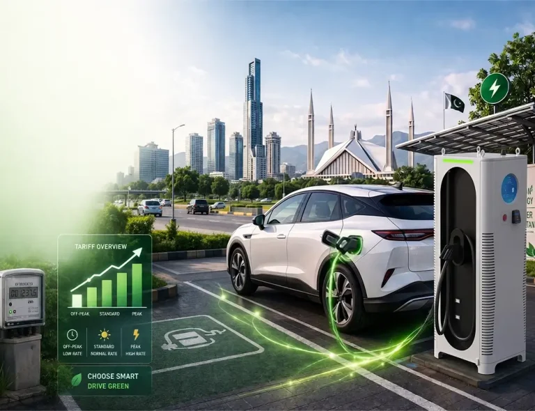 A white electric vehicle at an Islamabad charging station with the Faisal Mosque skyline, featuring an infographic overlay of the current EV tariff rate comparison.